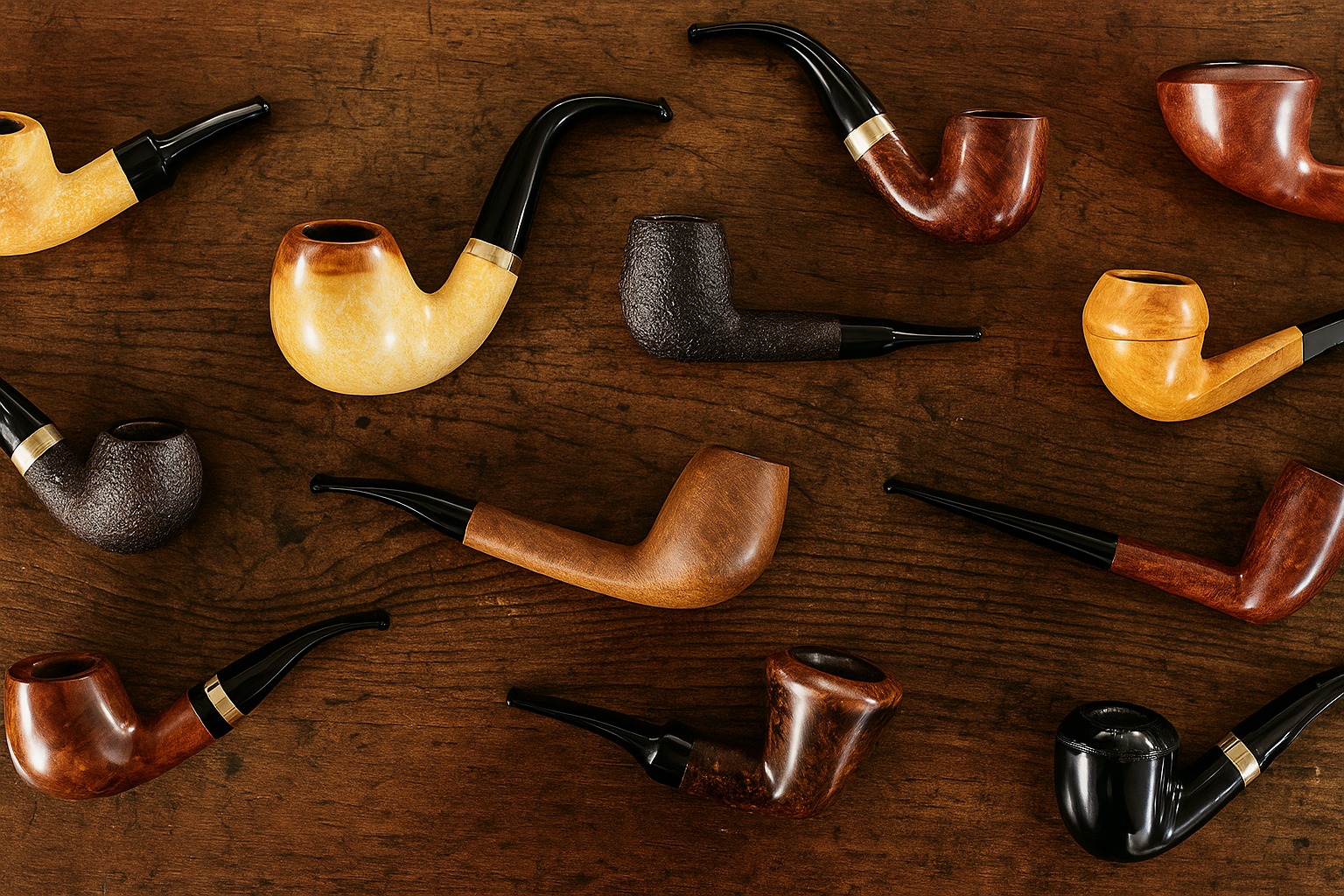 A variety of twelve tobacco pipes arranged on a rustic wooden surface.